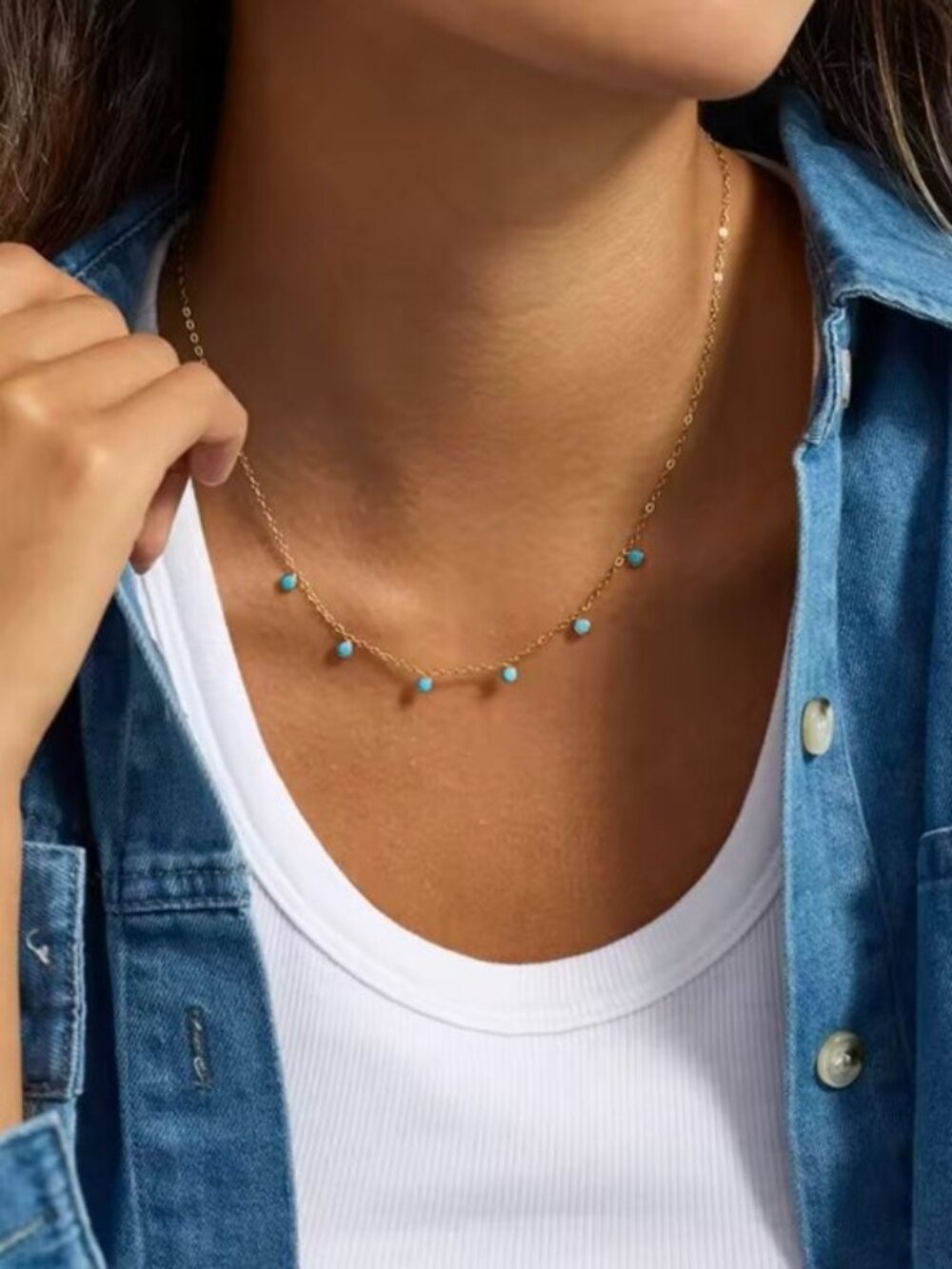 Turquoise Drops Necklace Gold Bezel Necklace WATERPROOF Gold Chain Station - Picture 8 of 9